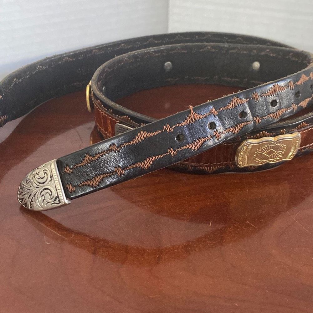 Vintage La Doppia Vita black & brown leather western studded belt Women 36 - Picture 6 of 8
